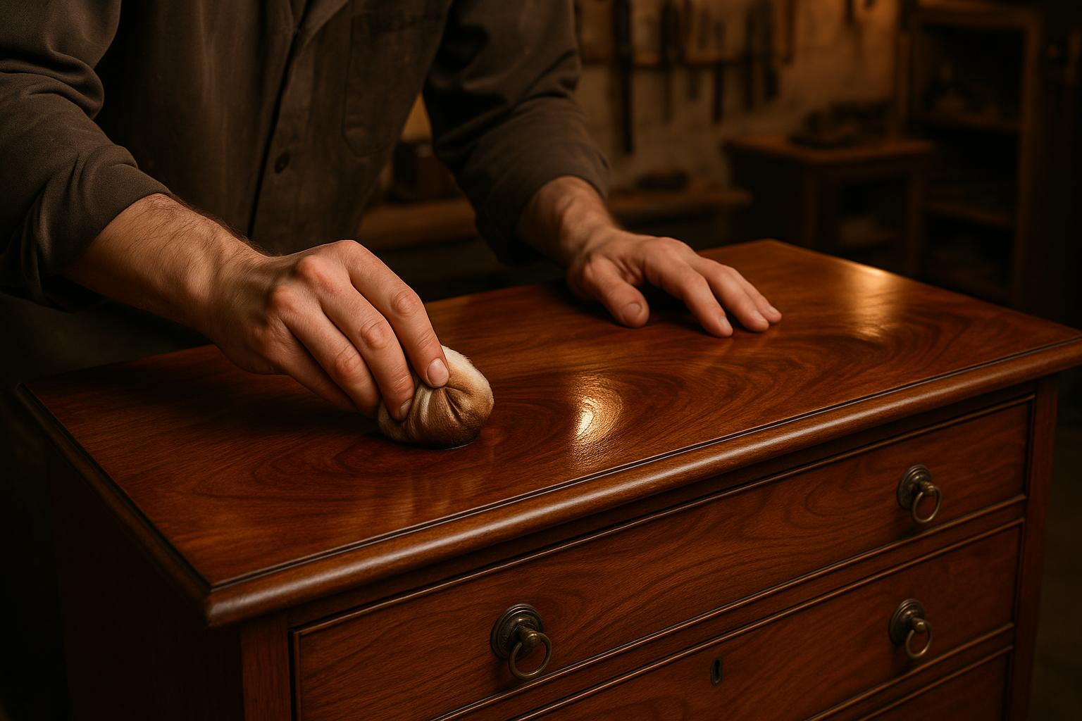 Furniture restoration setup used to review finish, wood, veneer, patina, damage, and repair risks