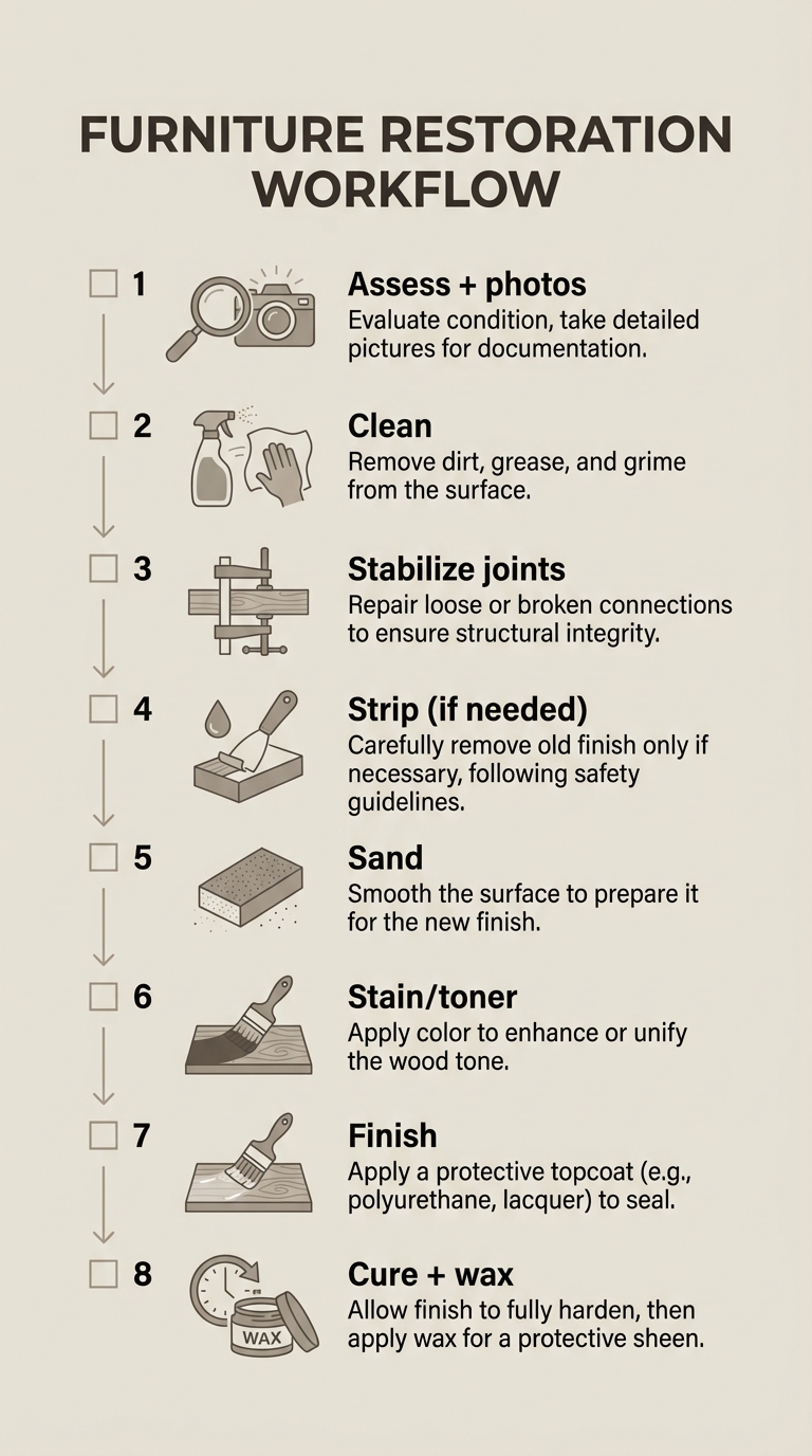 Infographic showing an eight-step furniture restoration workflow checklist