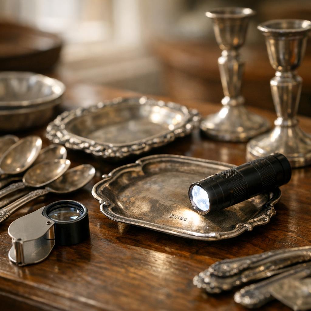 Estate sale silver hallmark inspection with loupe used to review 925, sterling, maker marks, plate clues, and wear