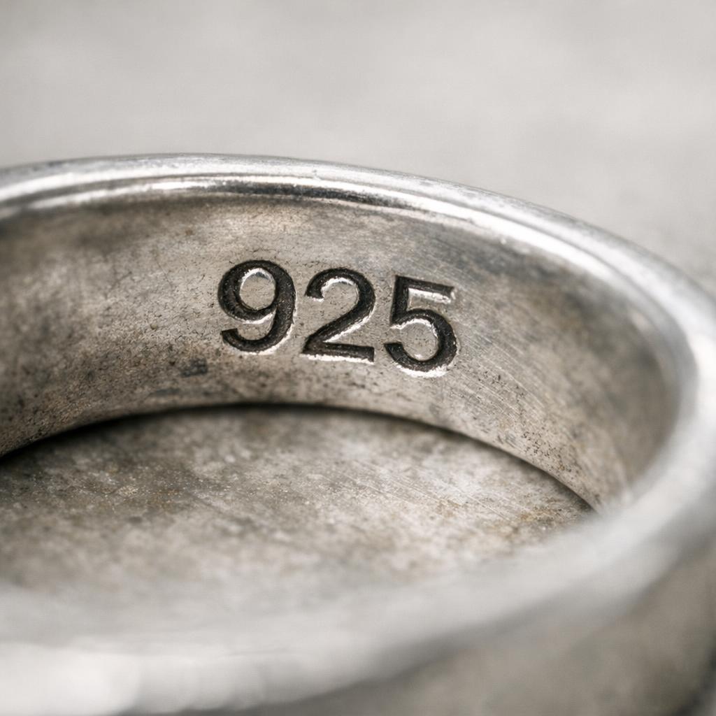 Macro photo of a 925 hallmark inside a ring shank