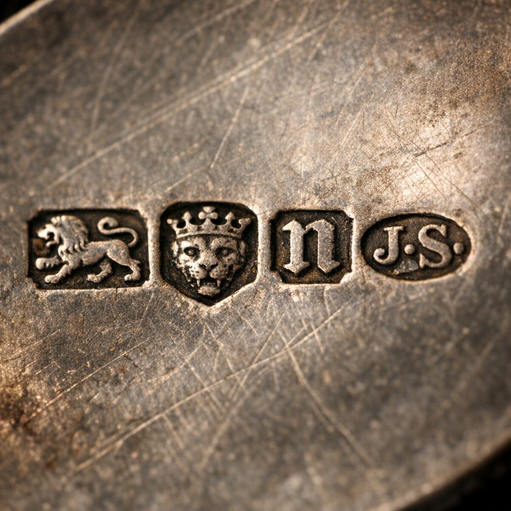 Macro photo of a UK hallmark cluster on a spoon including a lion and other assay marks