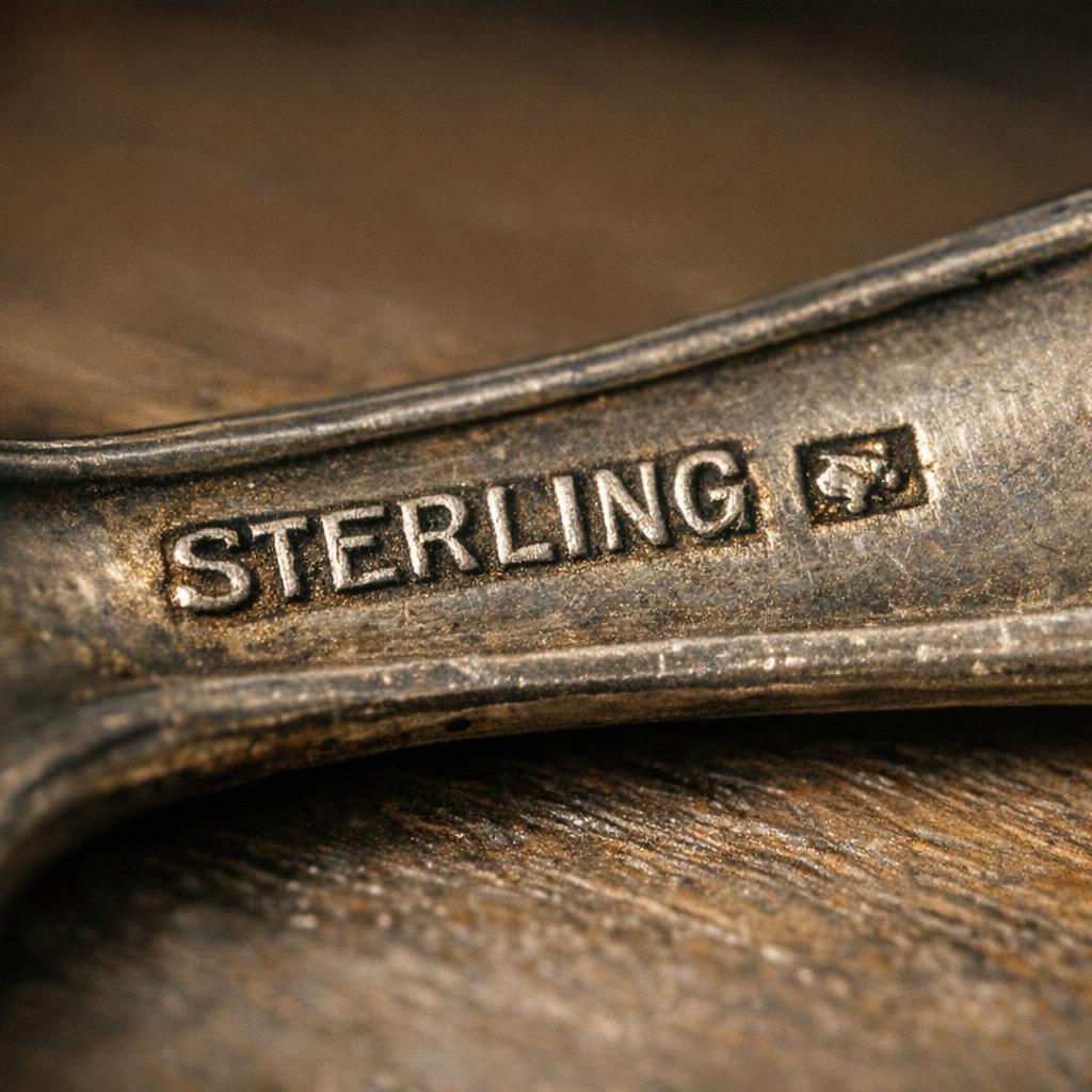 Macro photo of a spoon handle stamped STERLING with a maker's mark
