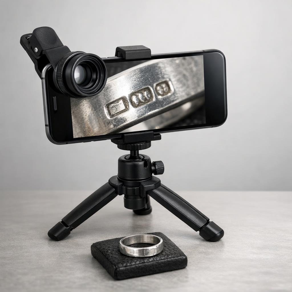 Smartphone on a small tripod photographing a silver hallmark with a clip-on macro lens