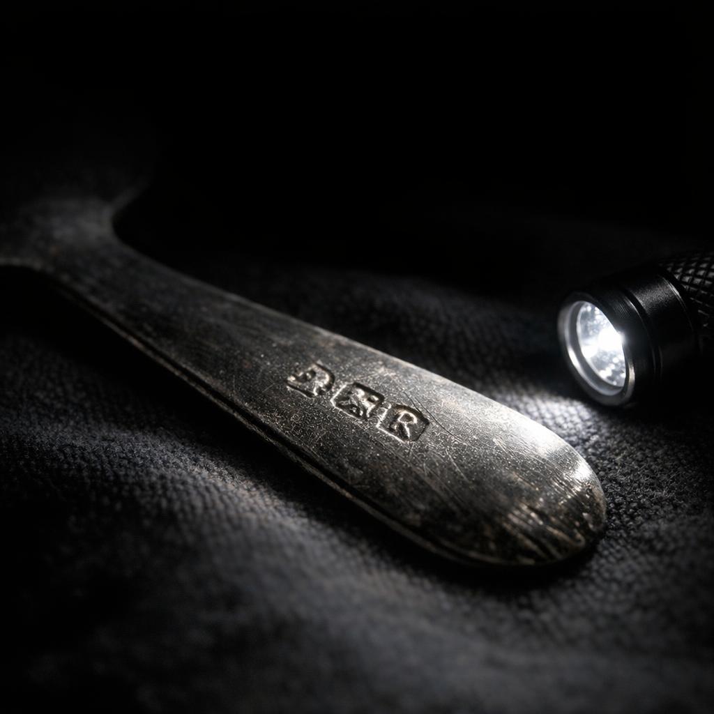 Flashlight placed at a low angle across a spoon handle to reveal a faint hallmark