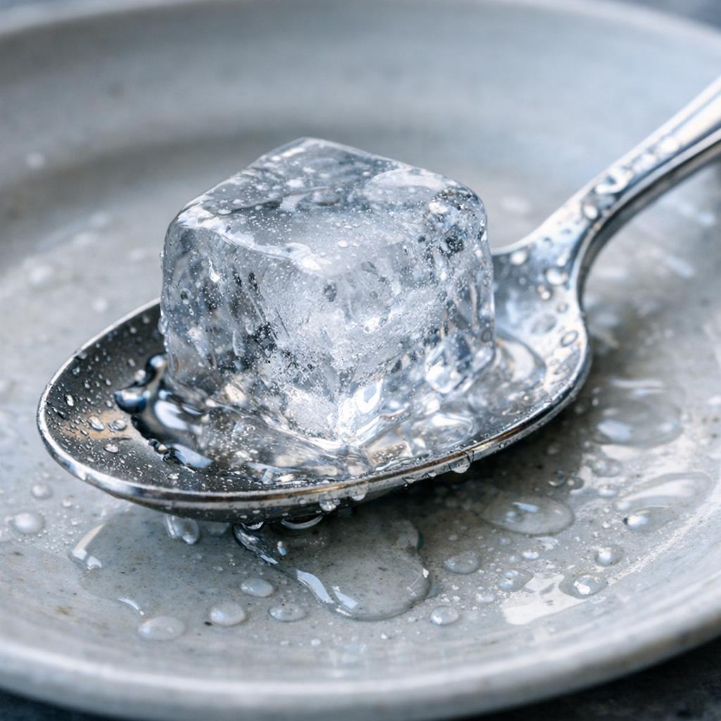 Ice cube melting on a silver spoon on a ceramic plate