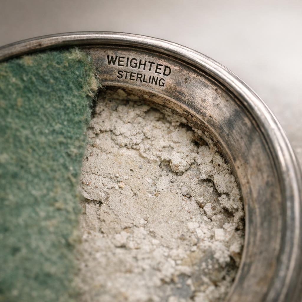 Underside of a candlestick showing a weighted sterling stamp and filler under a felt pad