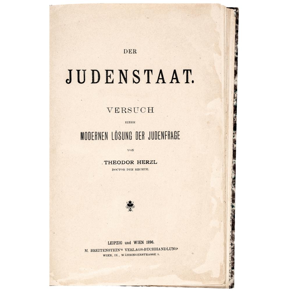 Auction photo of an 1896 first edition book titled Der Judenstaat (Early American History Auctions lot 195)