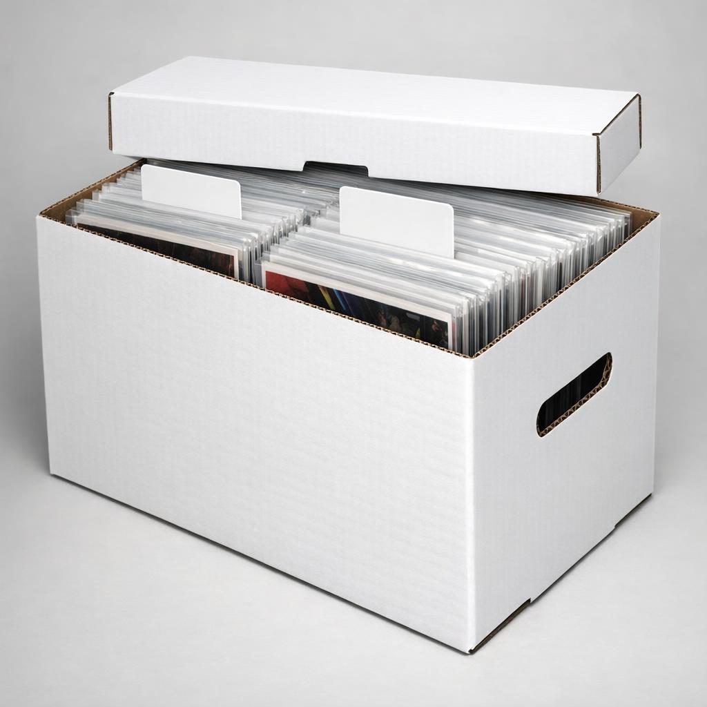 Archival comic box with bagged comics upright and divider tabs