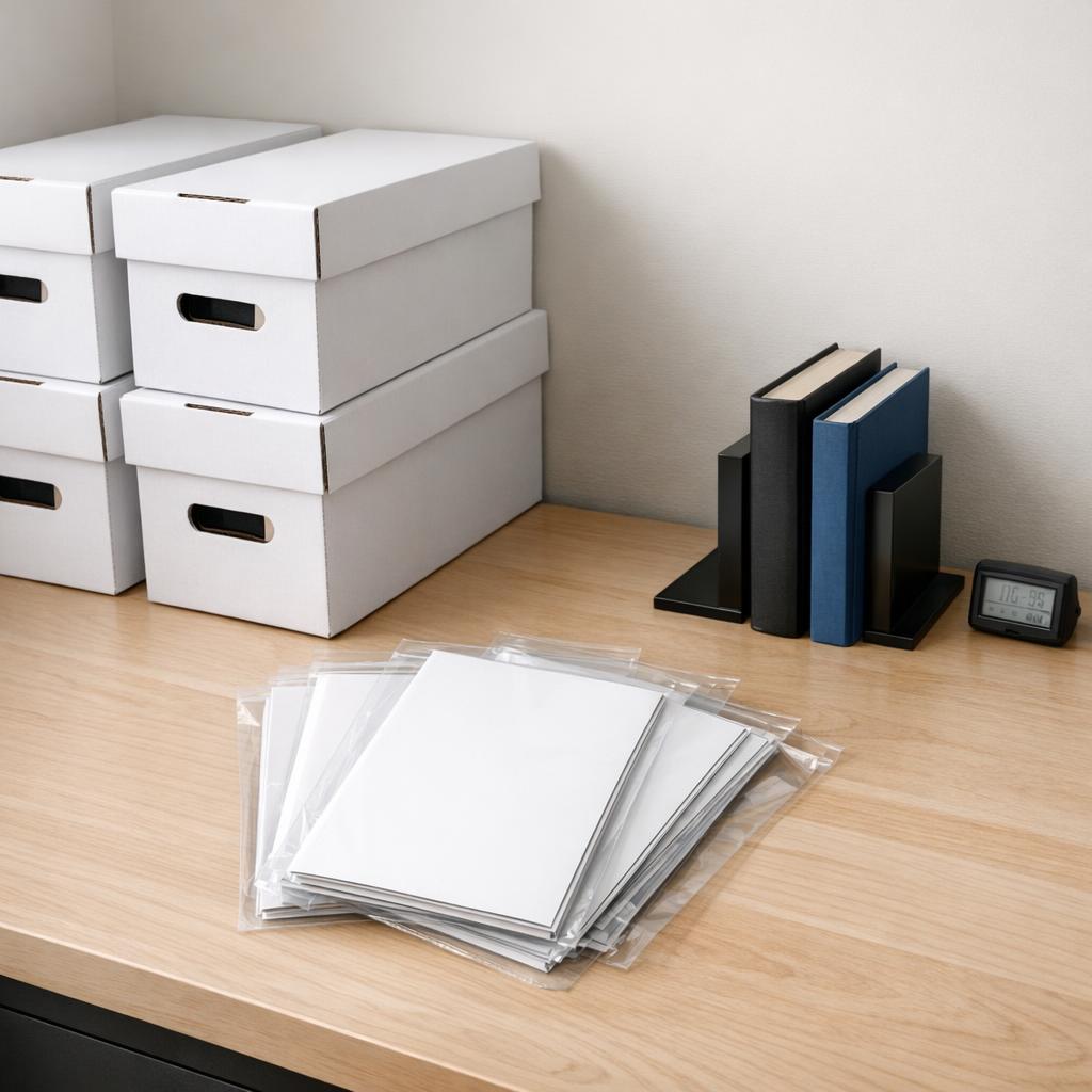 Archival comic and book storage workspace with bags, boards, boxes, humidity tools, and shelf supports