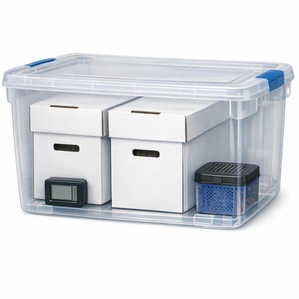 Microclimate tote concept holding archival comic boxes with desiccant and a hygrometer