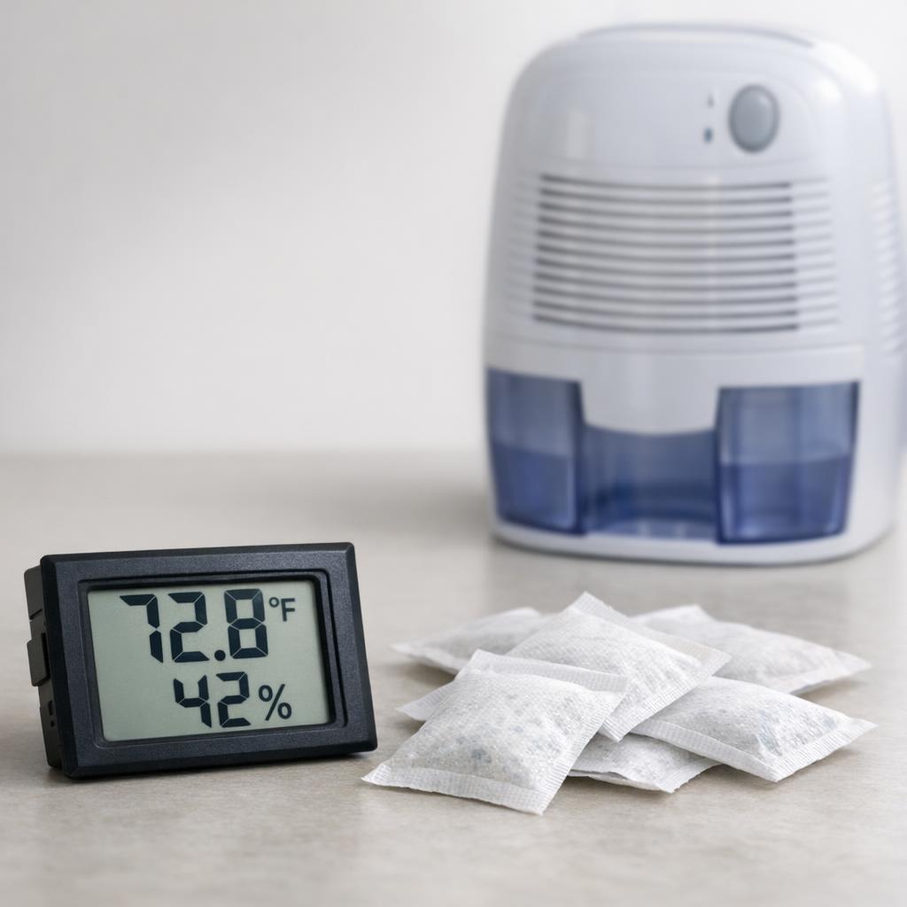 Humidity control tools for paper collectibles: hygrometer, desiccant packs, and dehumidifier
