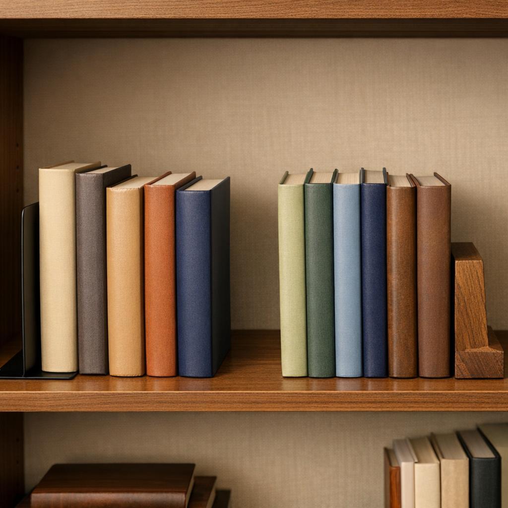 Proper book shelving with upright books supported by bookends