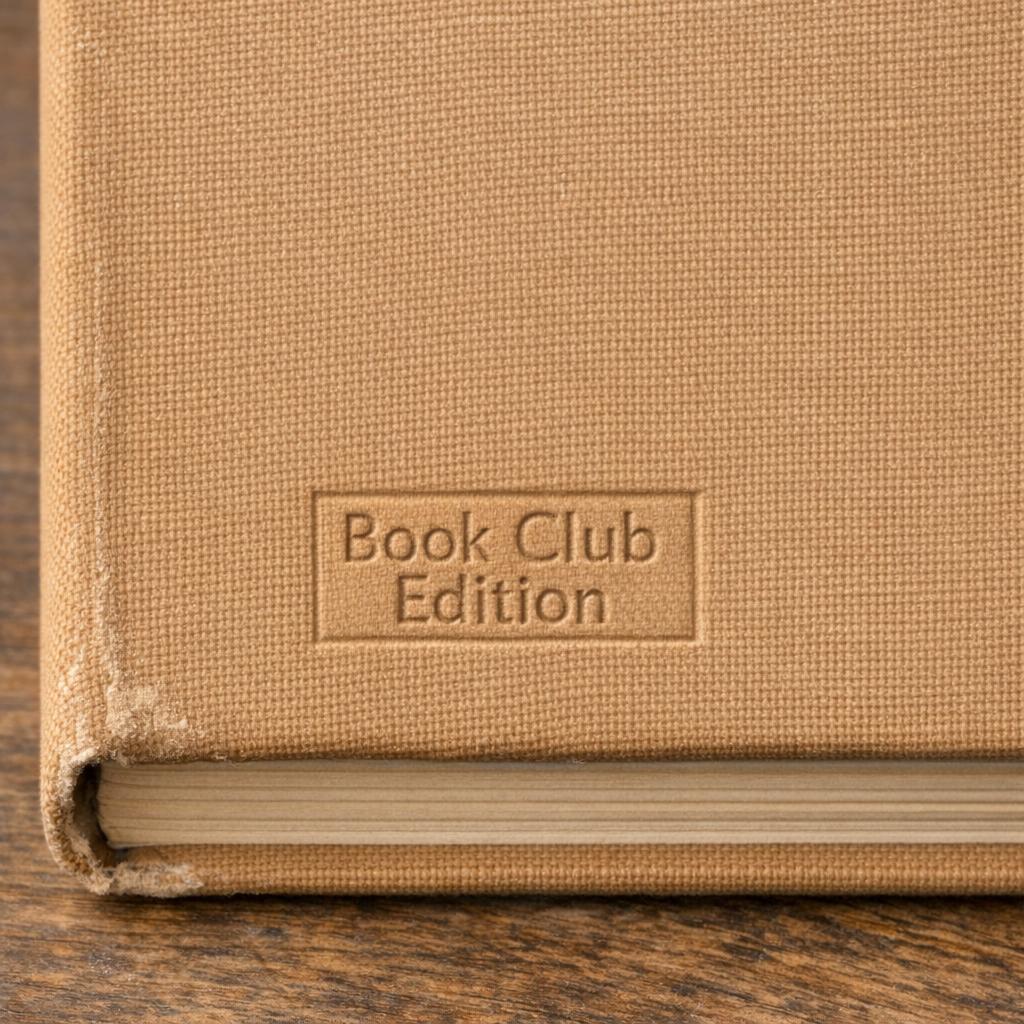Close-up of a book club edition blind stamp on a hardcover back cover