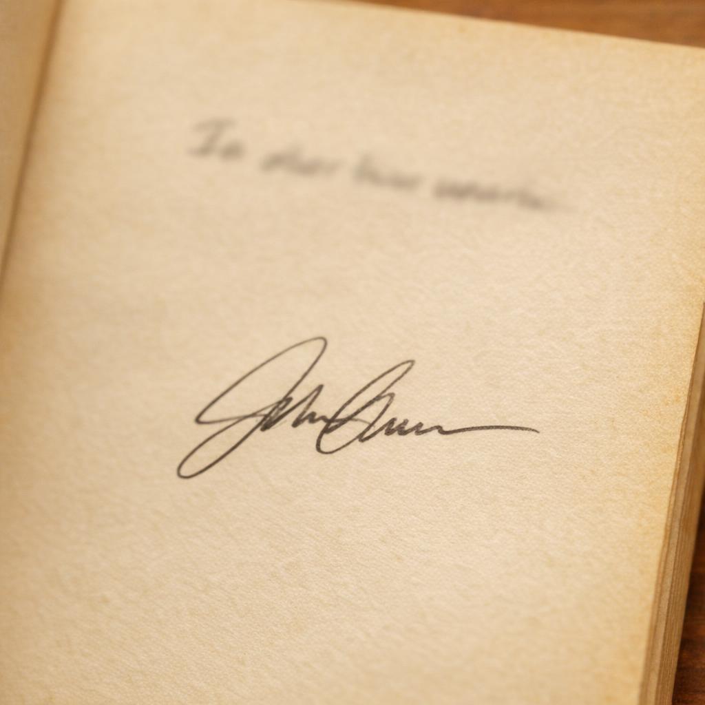 Close-up of a generic signed inscription on a book endpaper
