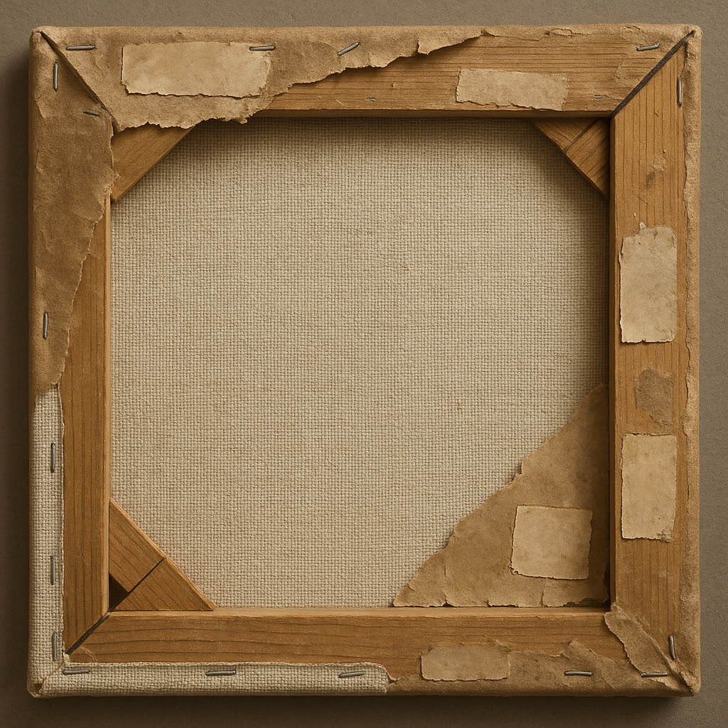 Back of stretched canvas showing wooden stretcher bars and labels