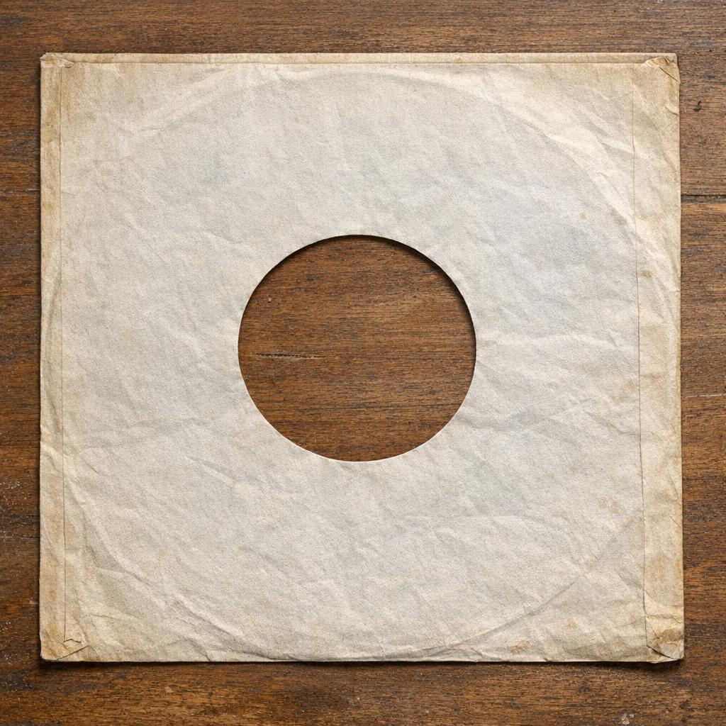 Close-up of a vintage paper record inner sleeve showing folds and aging
