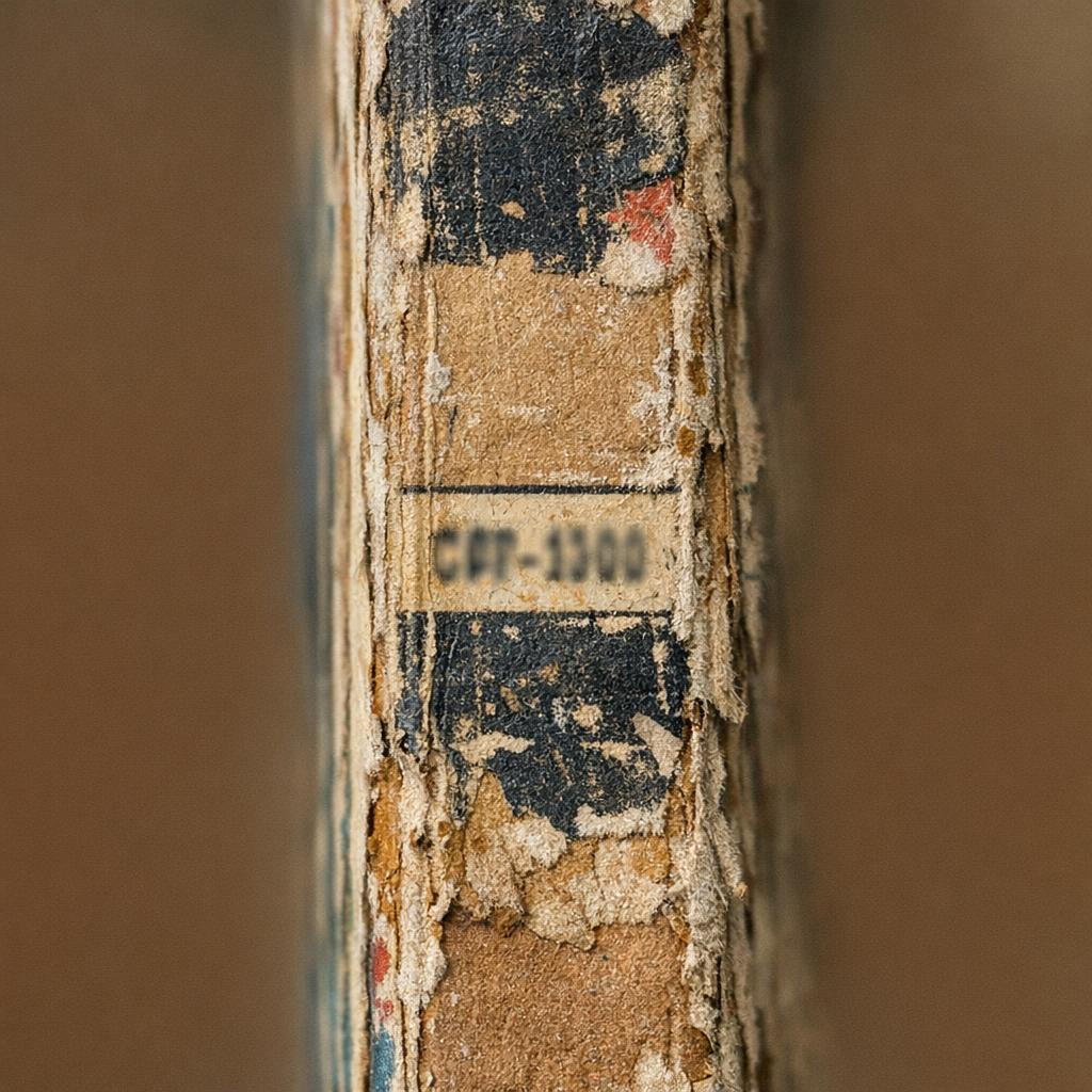 Close-up of a record jacket spine showing worn cardboard and a catalog-number area