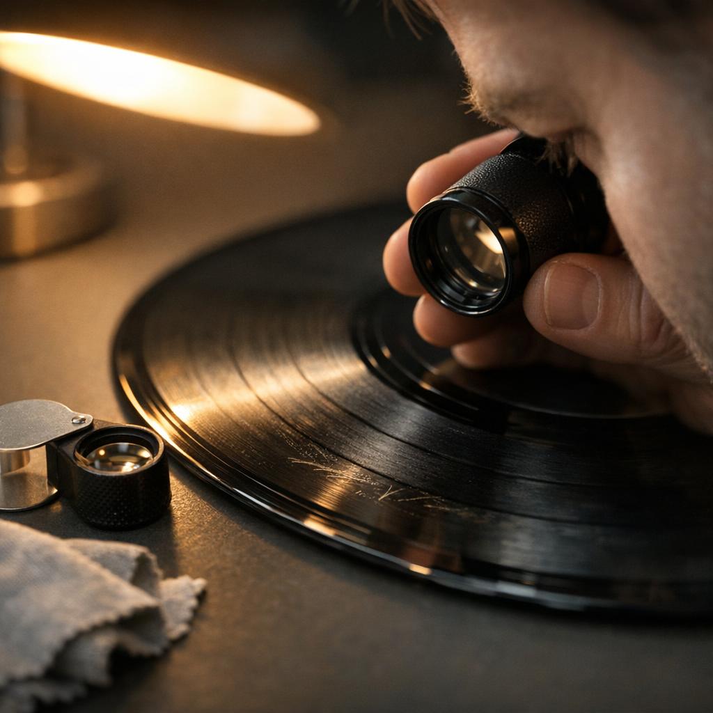 Vinyl record deadwax inspection with matrix numbers, label, sleeve, catalog number, and condition details