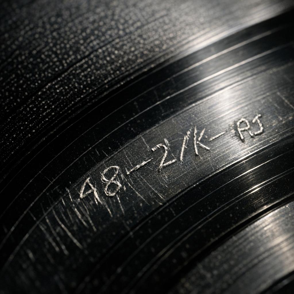 Macro view of a vinyl record deadwax area showing hand-etched matrix markings and small initials