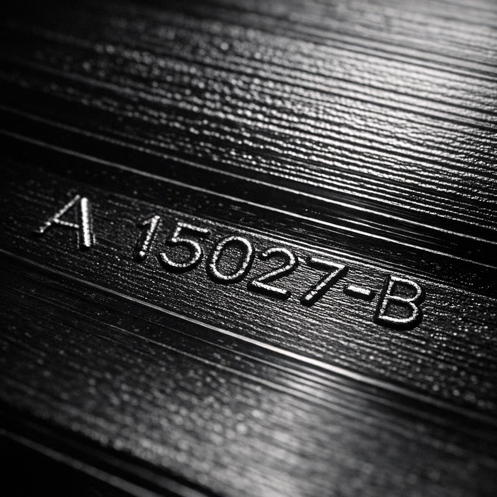 Macro view of a vinyl record deadwax area showing stamped matrix characters