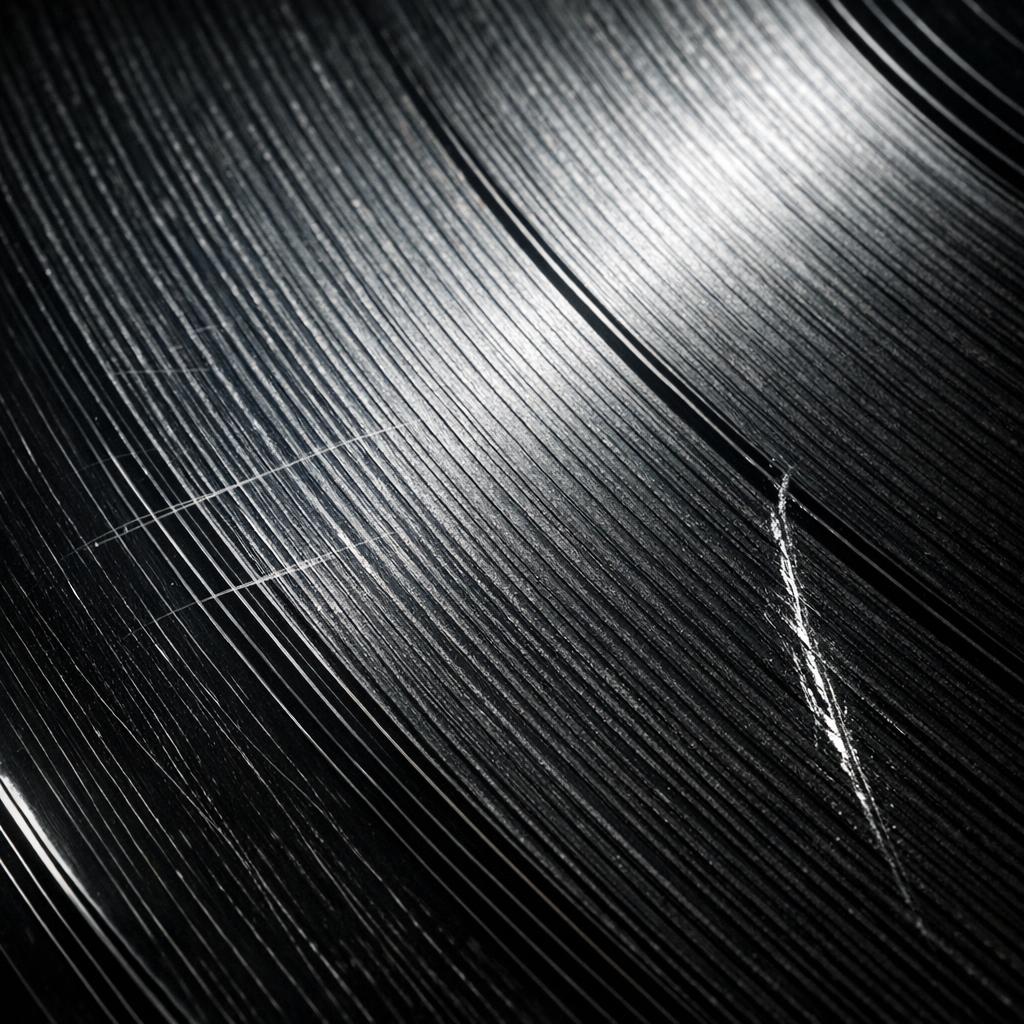 Macro photo of vinyl record grooves under raking light showing scuffs and a deeper scratch