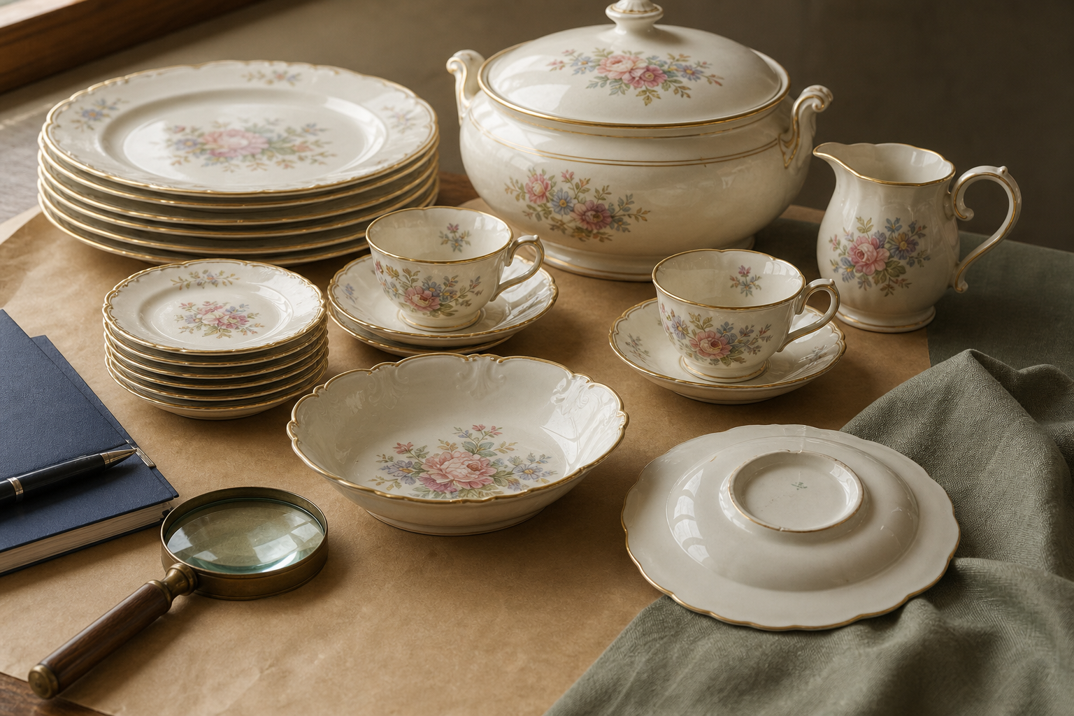 Generated editorial image of old china arranged for value triage