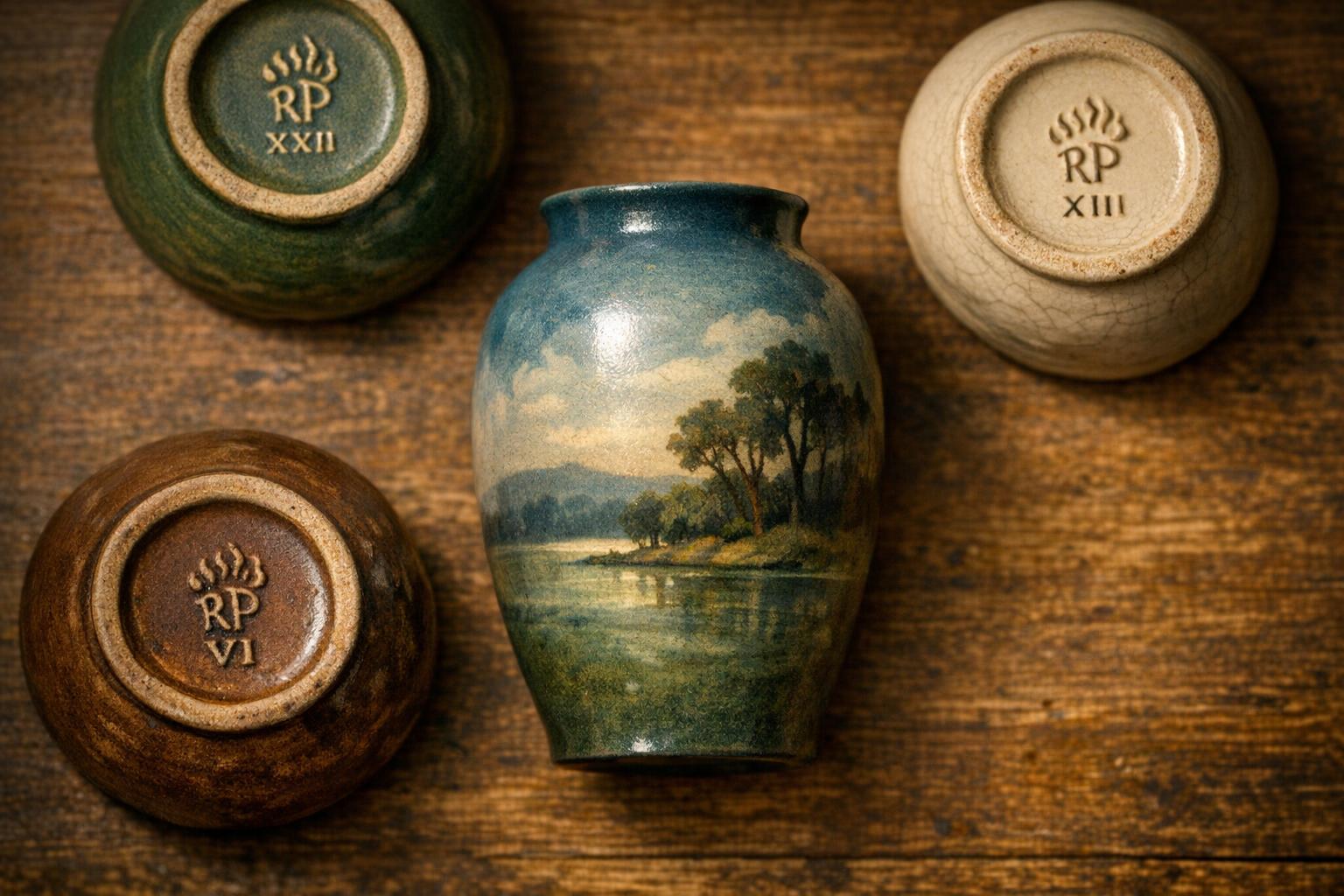 Vintage Rookwood pottery vase with scenic decoration and RP flame marks on a warm wooden surface