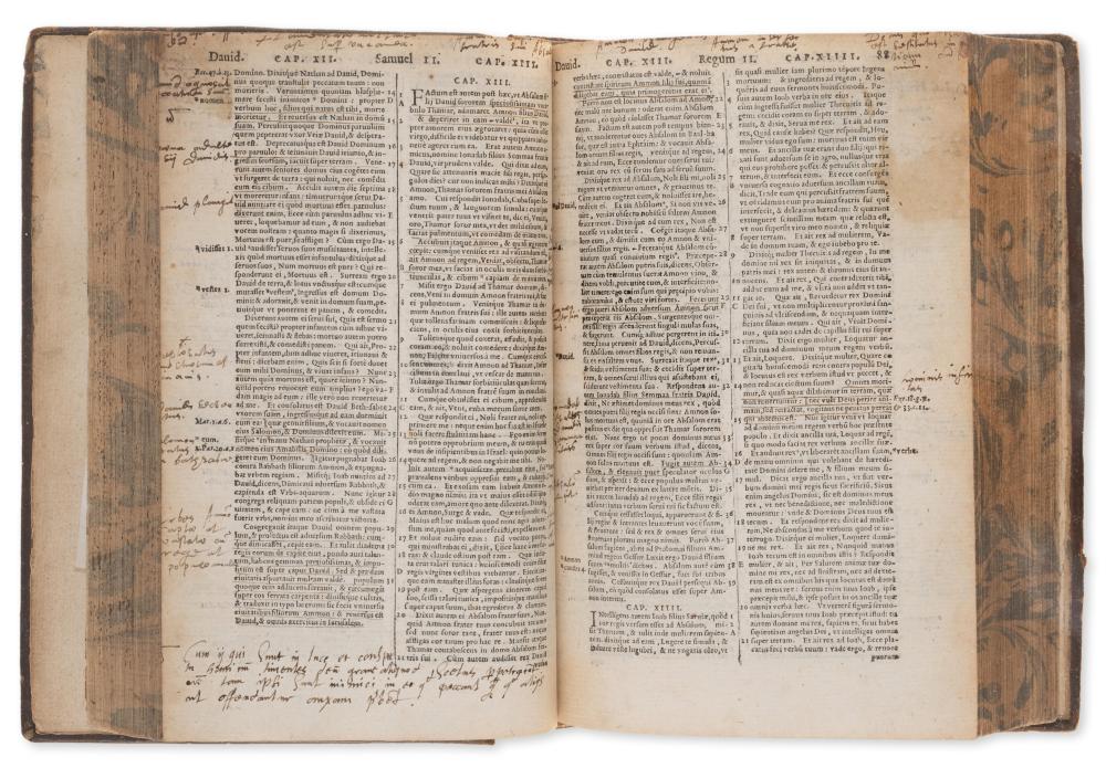 Auction comp thumbnail for Bible, Latin. Biblia, Ad vetustissima exemplaria castigata, 2 parts in 1, Thomas Moundeford's copy with numerous ink annotations, later Francis Hutcheson's copy with his bookplate, Antwerp, Chris... (Forum Auctions - UK, Lot 181)
