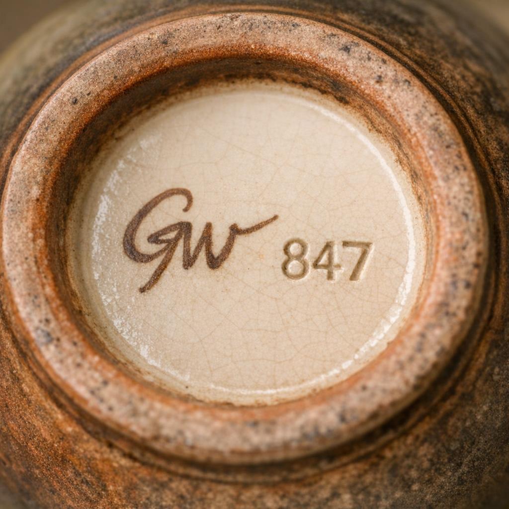 Bottom of Rookwood pottery vase showing artist's hand-painted signature initials and impressed shape number in terracotta clay