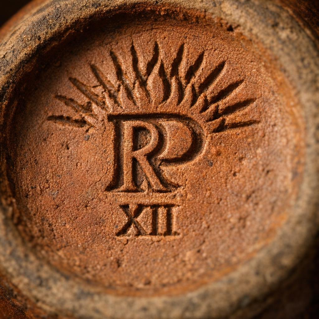 Close-up of Rookwood RP flame mark with 14 flames and Roman numeral XII impressed on terracotta clay base