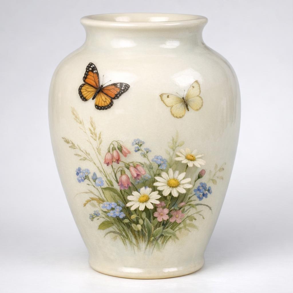 Rookwood pottery vase with white Iris glaze decorated with hand-painted wildflowers and butterflies