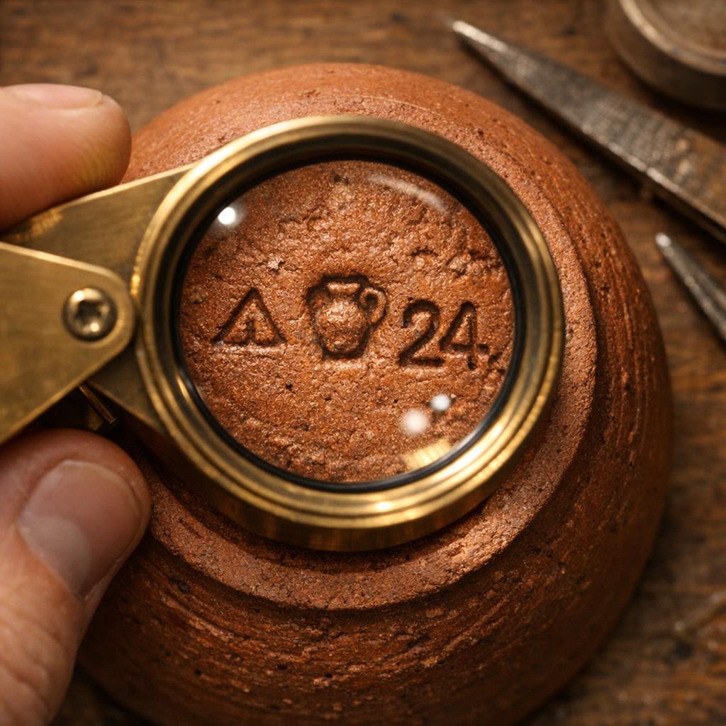 Jeweler's loupe held over Rookwood pottery base revealing fine detail of impressed marks in the clay under magnification