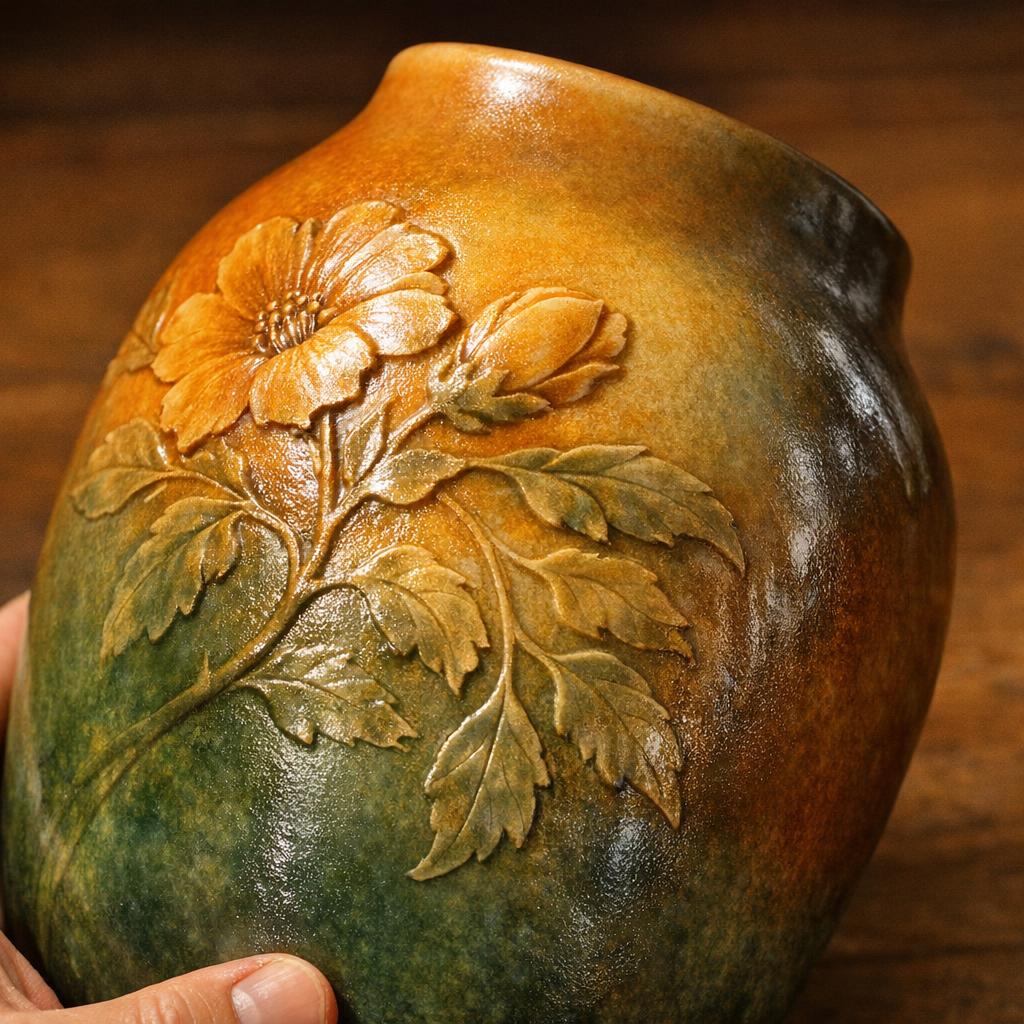 Rookwood pottery vase with Vellum glaze shown under raking side light revealing sculptural relief decoration of flowers and leaves