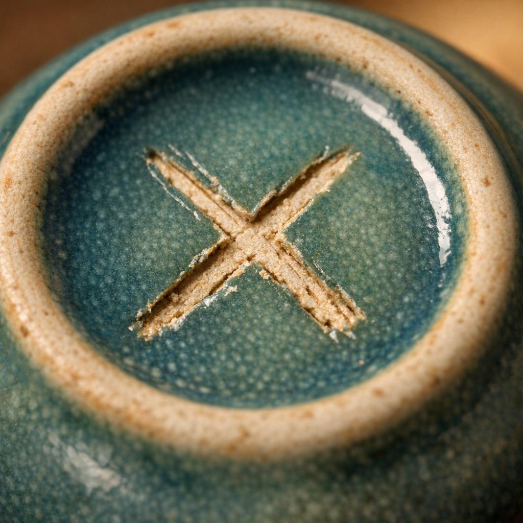 Close-up of X mark ground into the glaze on Rookwood pottery base indicating a factory second or defective piece