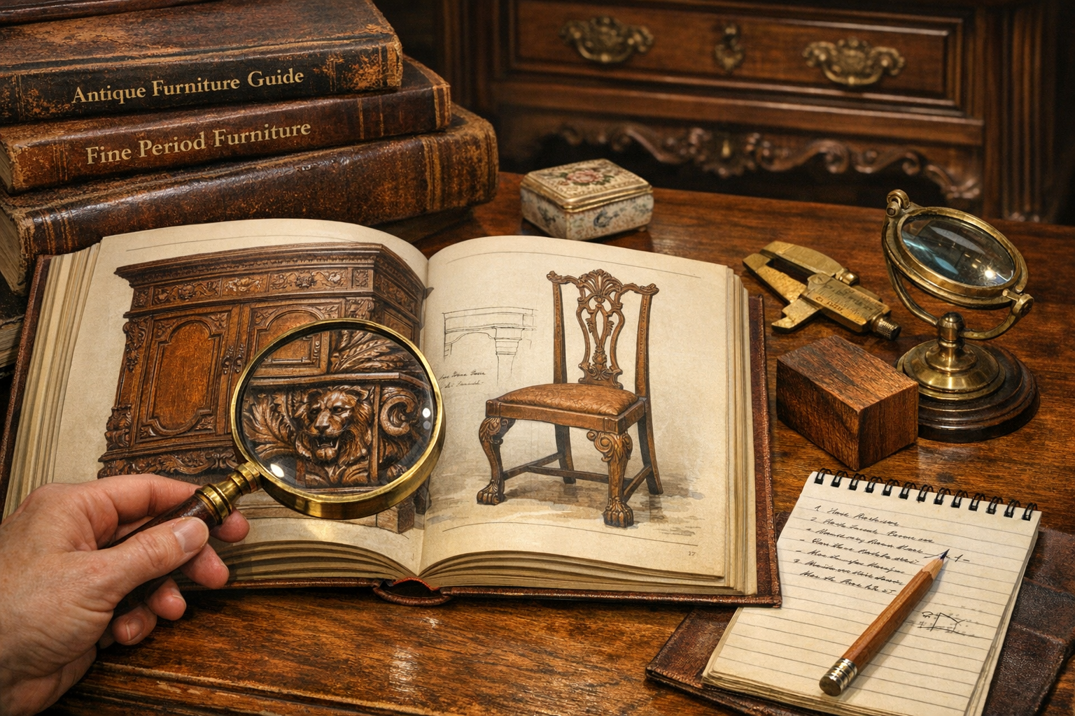 Antique furniture research being conducted with reference books