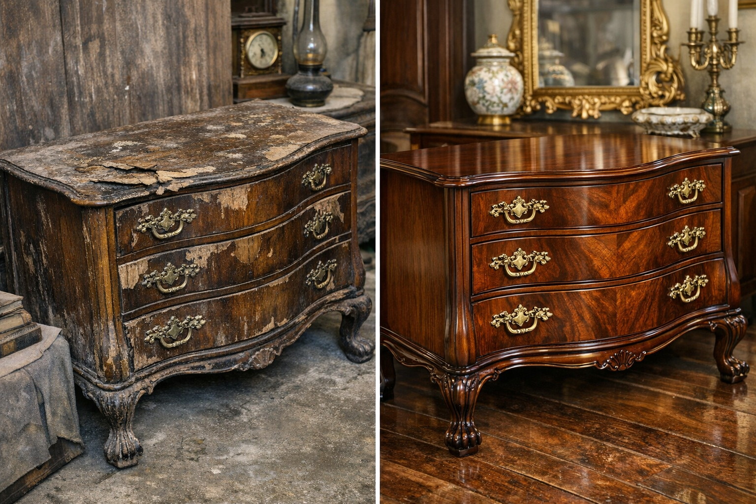 Before and after of antique dresser restoration