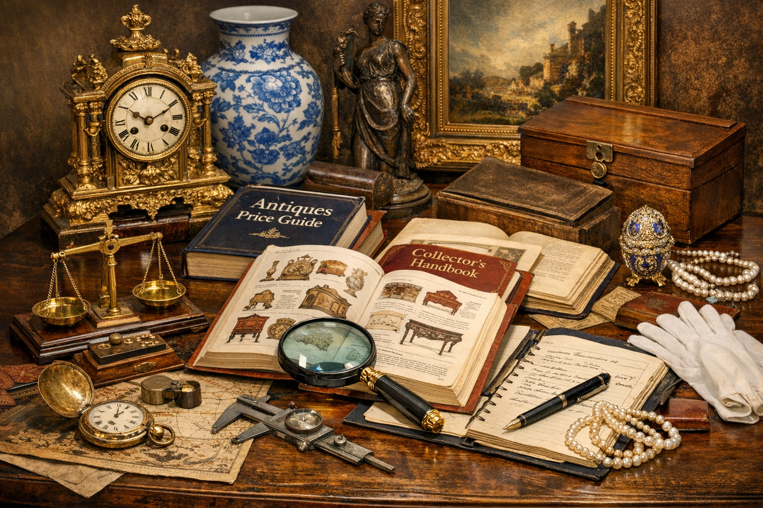 Antique valuation workspace with mixed antiques, marks, materials, condition notes, provenance records, and sale-comparison research