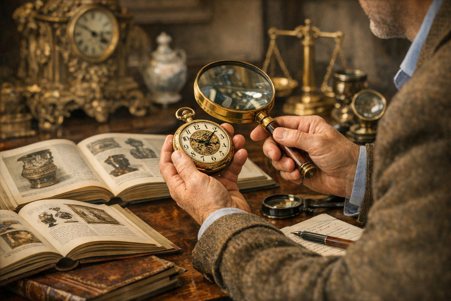Person examining antique item with magnifying glass while researching in reference books