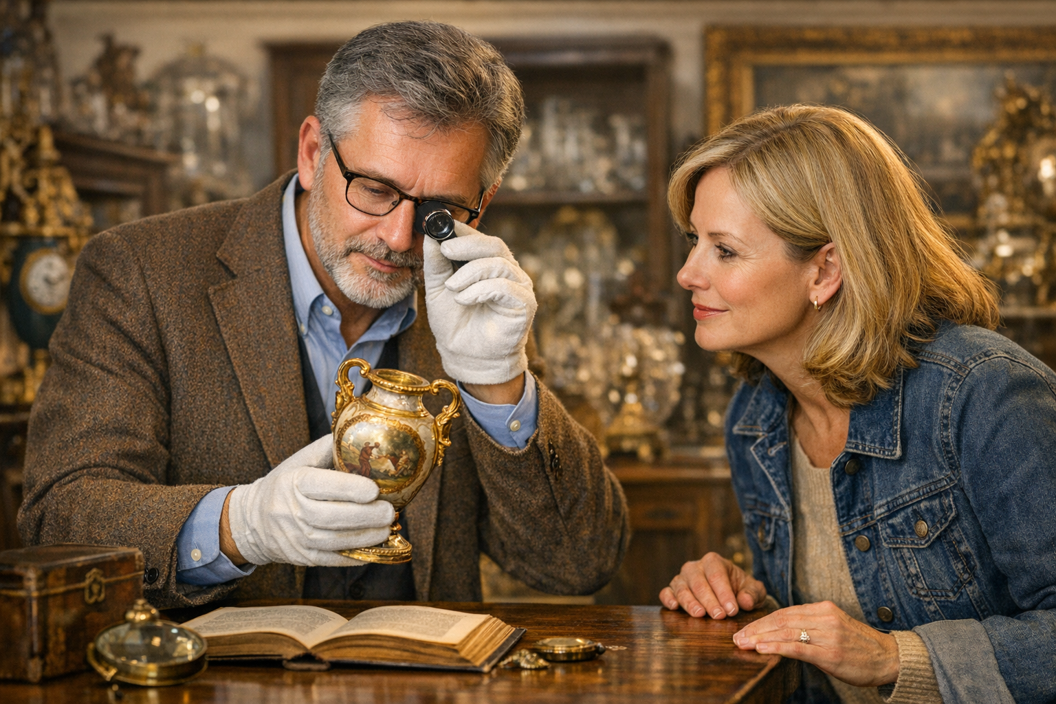Professional antique appraiser examining item with client in an antique shop