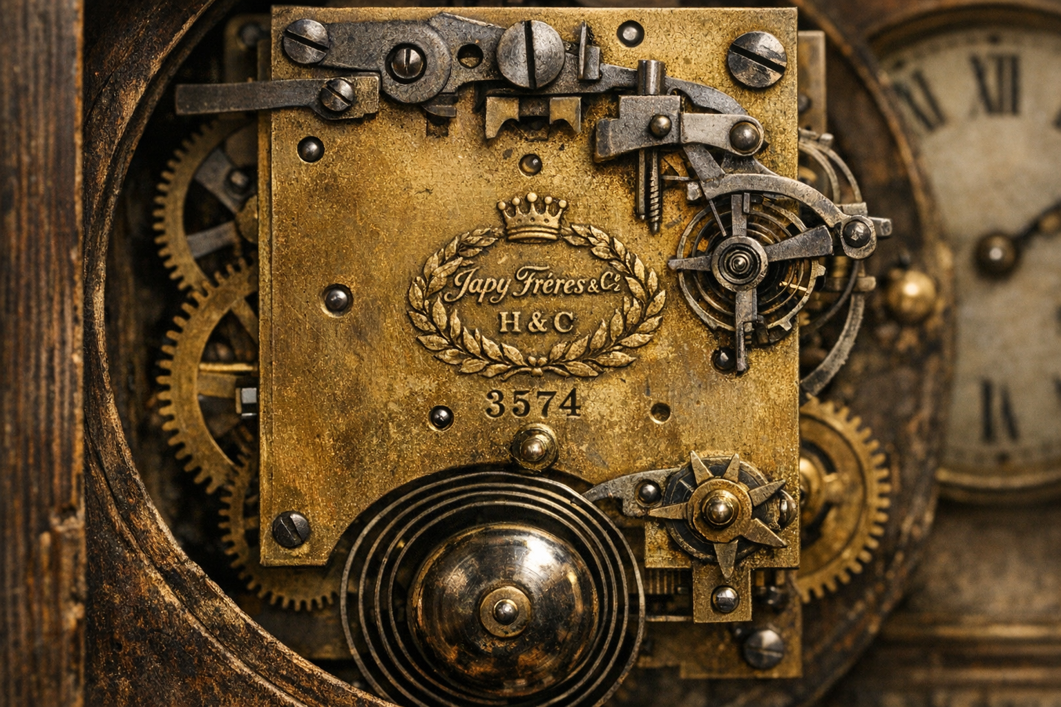 Antique clock movement with maker mark, serial details, brass plates, dial name, and repair clues