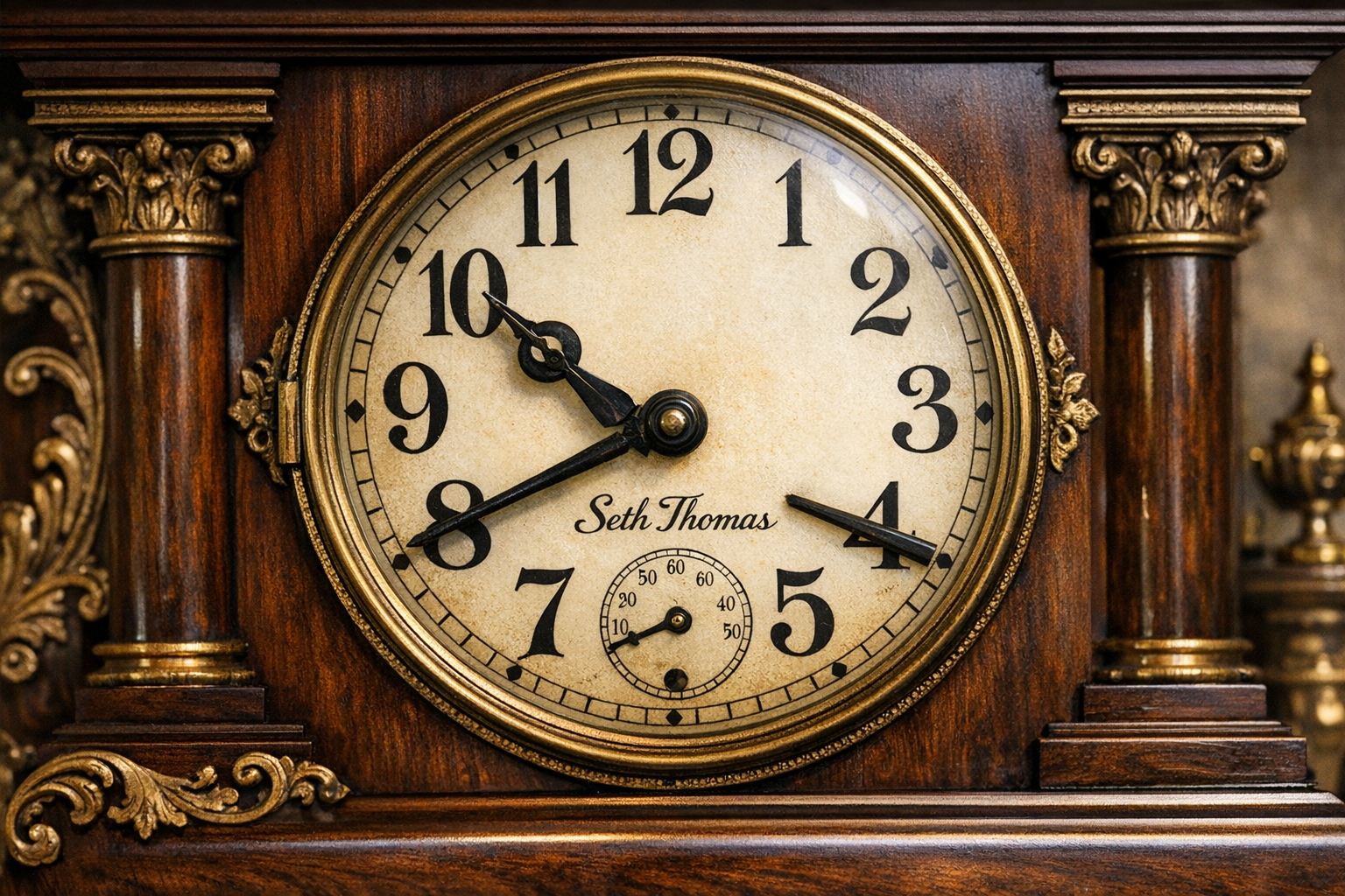 Antique clock with Seth Thomas maker’s mark visible on the dial