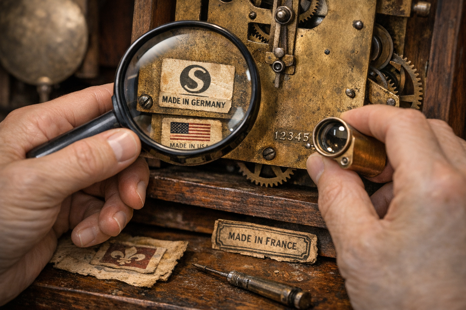 Close examination of an antique clock movement for authentication