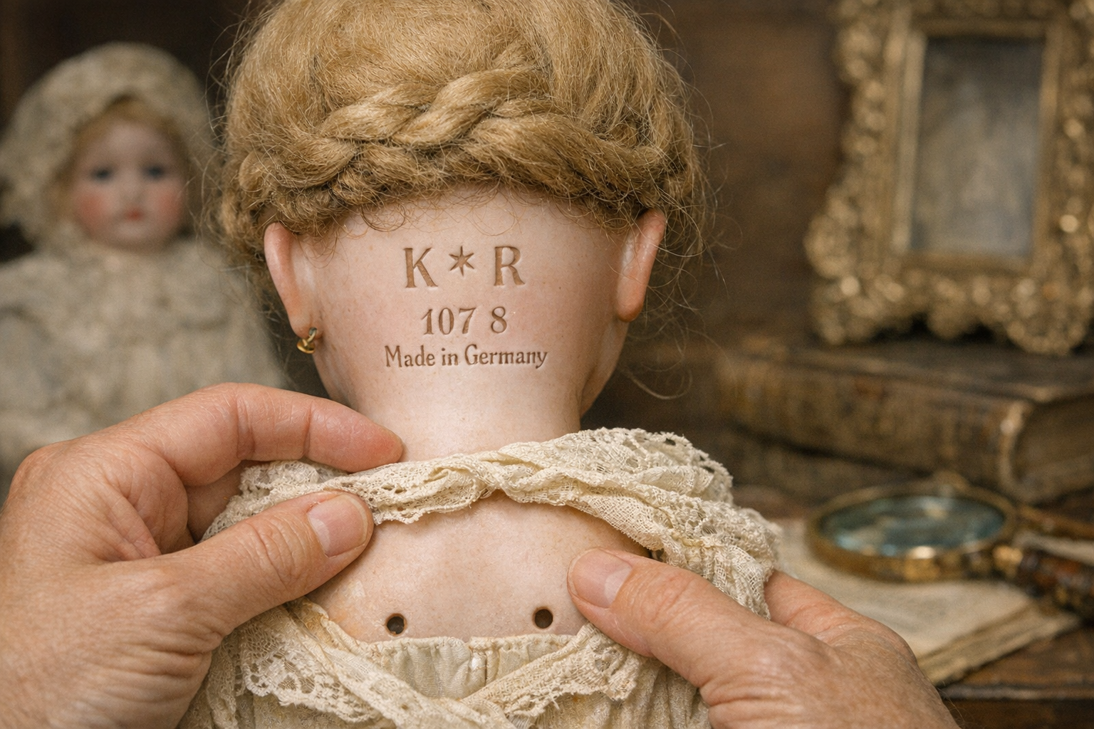 Antique porcelain doll mark inspection with maker name, mold number, material, eyes, wig, clothing, and condition clues