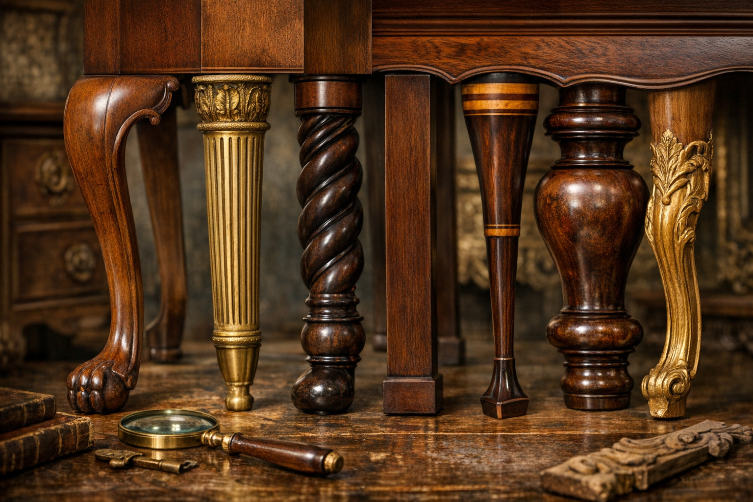 Antique furniture leg style examples with cabriole, turned, tapered, carved, claw foot, joinery, and finish details