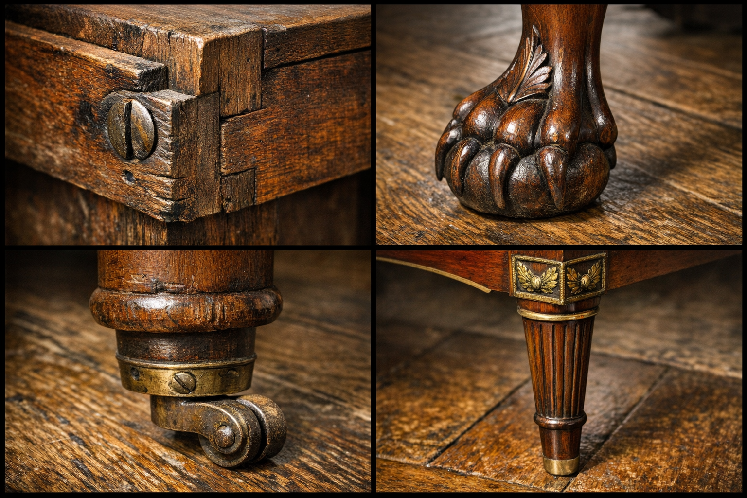 Close-up images of furniture leg details showing joinery and finish characteristics
