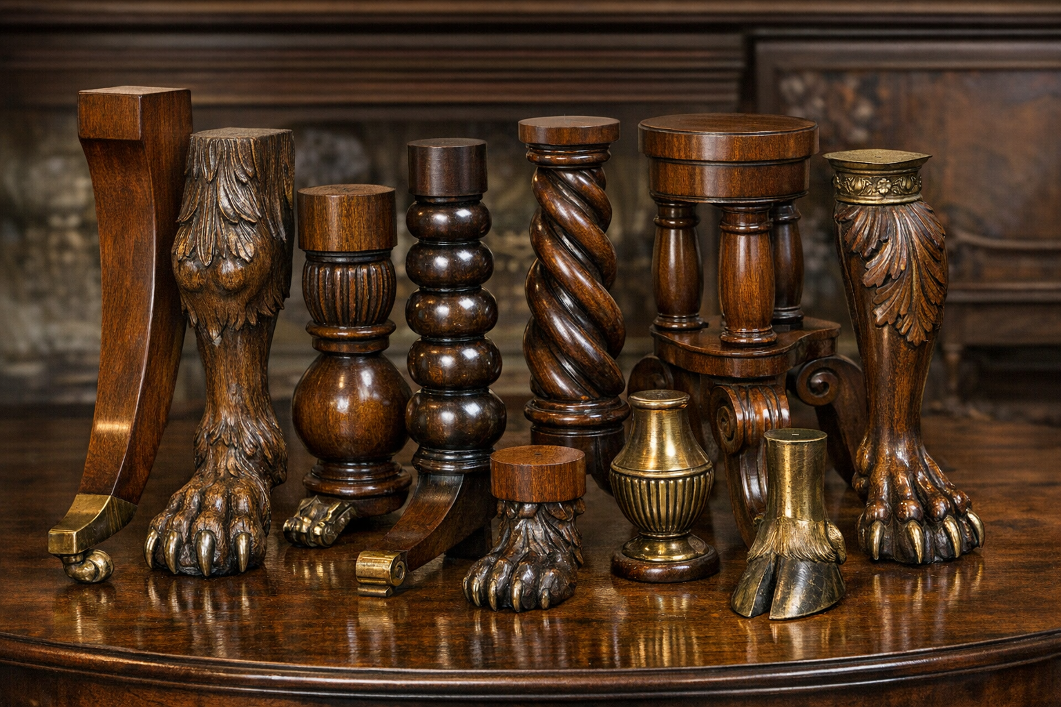 Various specialty antique furniture leg styles including bobbin and spiral turned examples