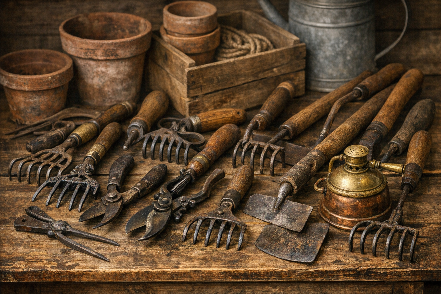 Antique garden tool identification setup with hoes, trowels, handles, maker marks, metal wear, patents, and patina clues
