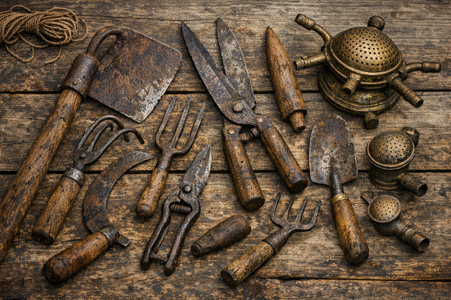 Assortment of antique hand tools showing natural patina and wear patterns