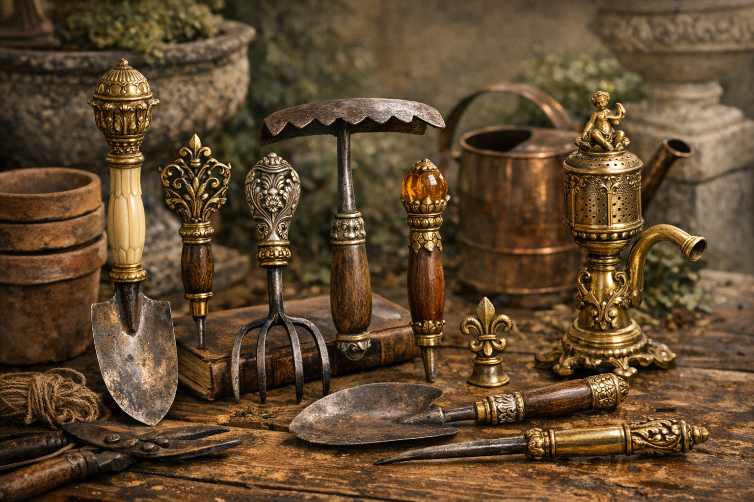 Collection of ornate Victorian gardening tools with decorative handles