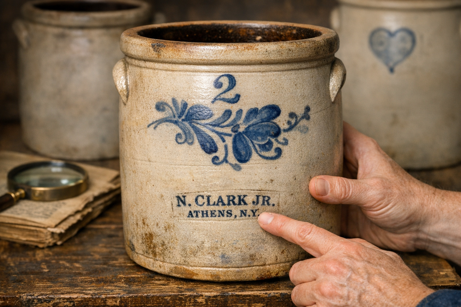 Antique stoneware crock mark inspection with maker stamp, capacity number, cobalt decoration, clay body, glaze, and condition clues